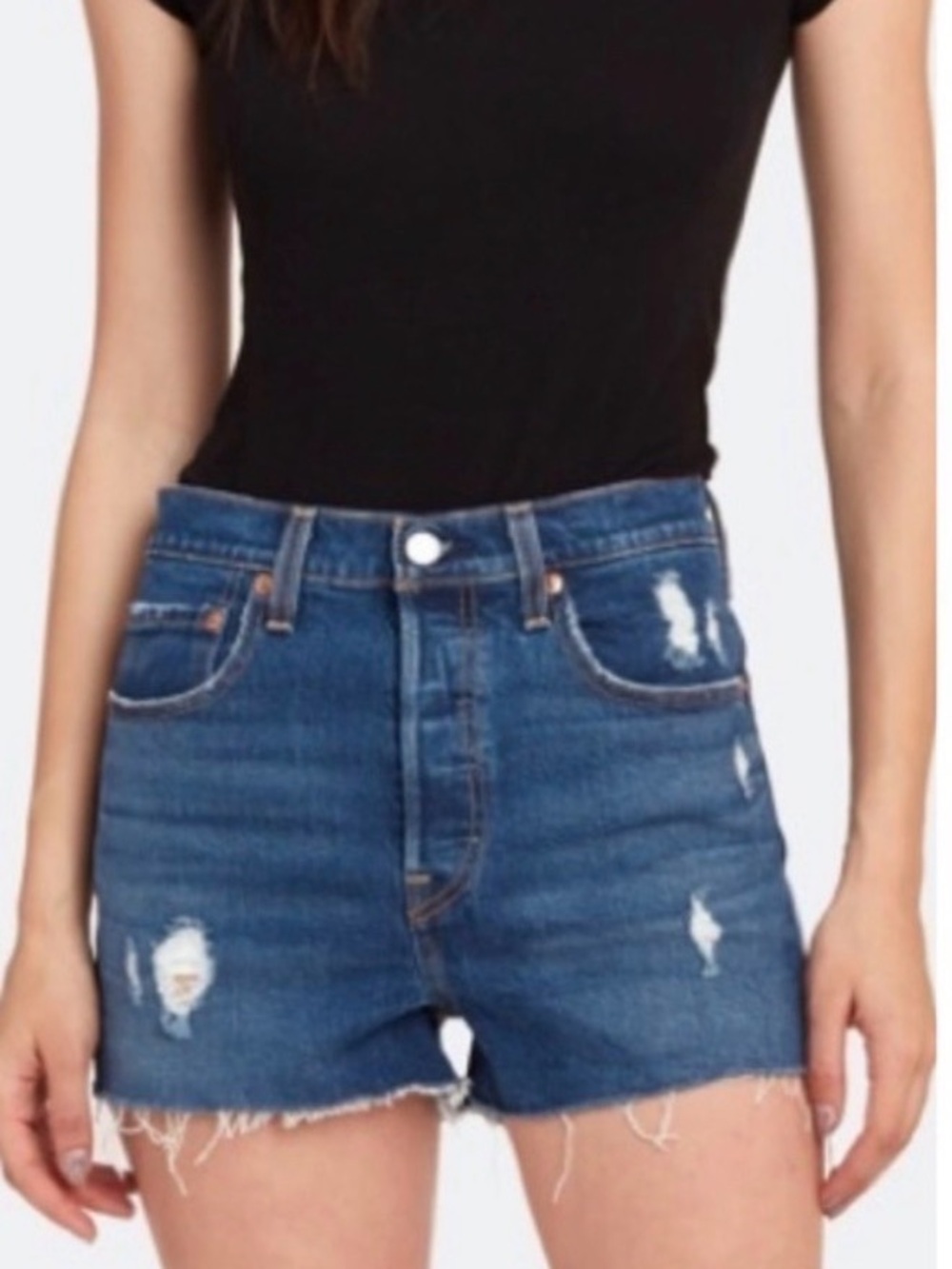 Levi’s Ribcage Dark Wash High-Rise Distressed Blue Denim Shorts Size 26